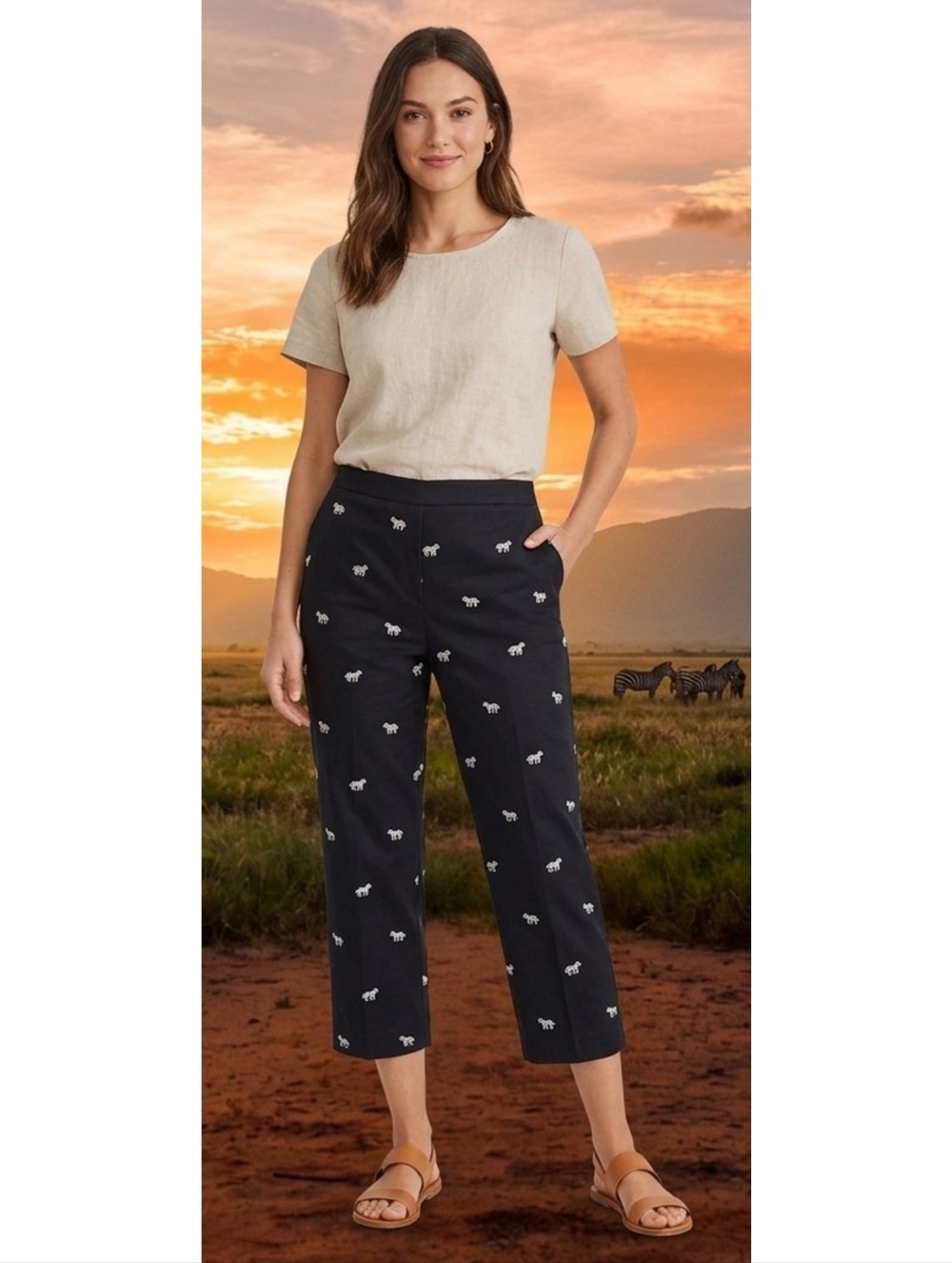 Coldwater Creek Embroidered Zebra Crop Pants Black Size 12P